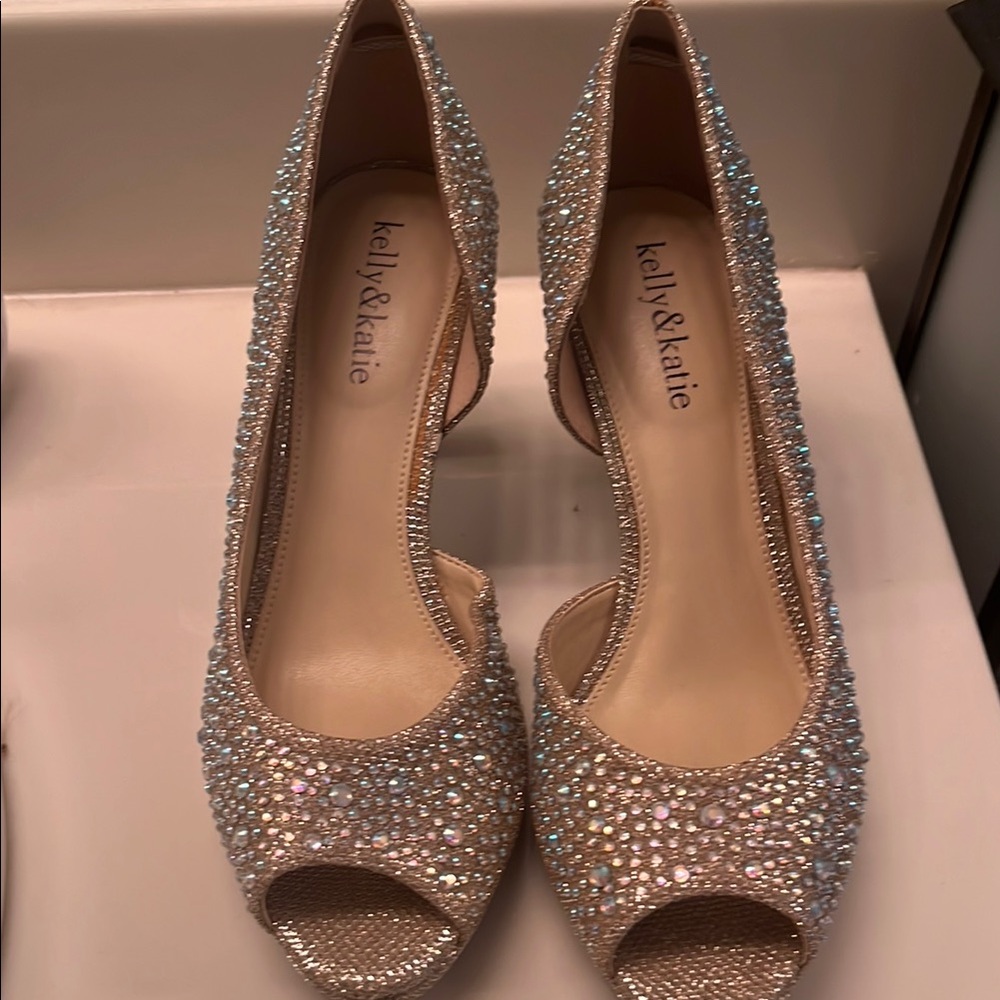 Kelly & Katie Sparkling Peep-Toe Heels - Cream